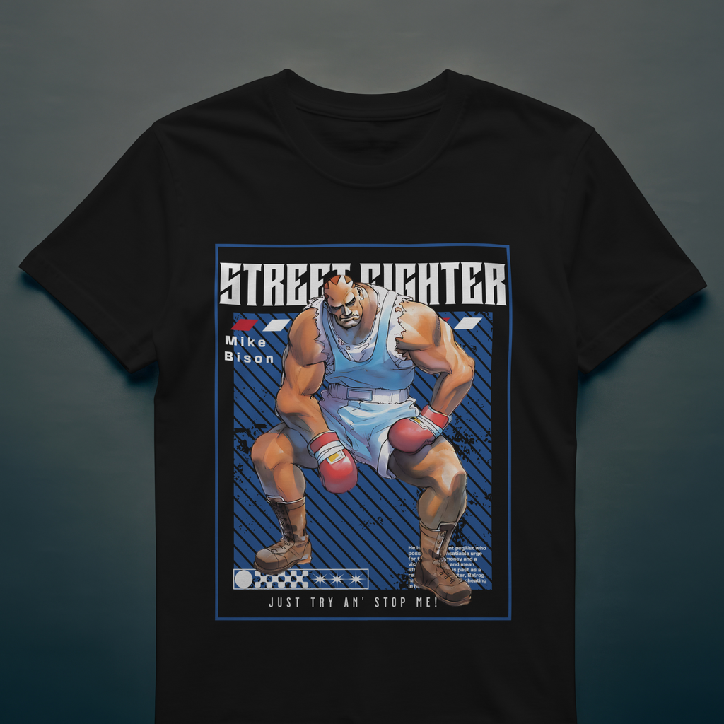 Black cotton T-shirt with anime-inspired Mike Bison artwork from classic Street Fighter series