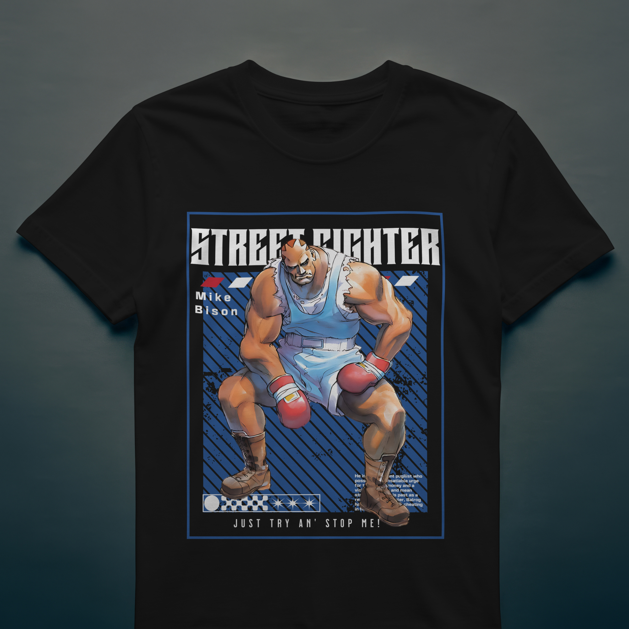 Black cotton T-shirt with anime-inspired Mike Bison artwork from classic Street Fighter series