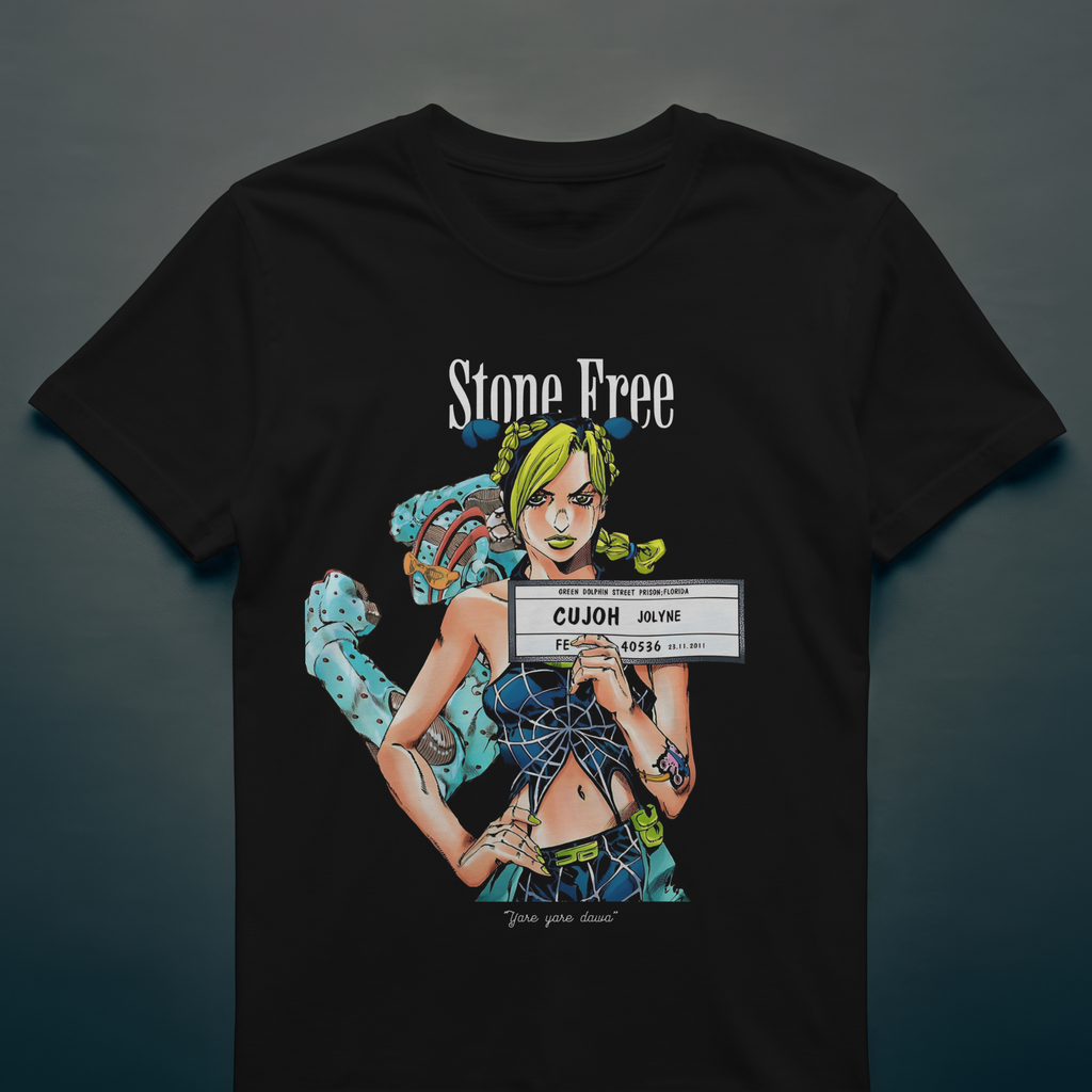 Cool black anime t-shirt with JoJo Stone Ocean’s Jolyne Cujoh design for fans and collectors.