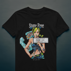 Cool black anime t-shirt with JoJo Stone Ocean’s Jolyne Cujoh design for fans and collectors.