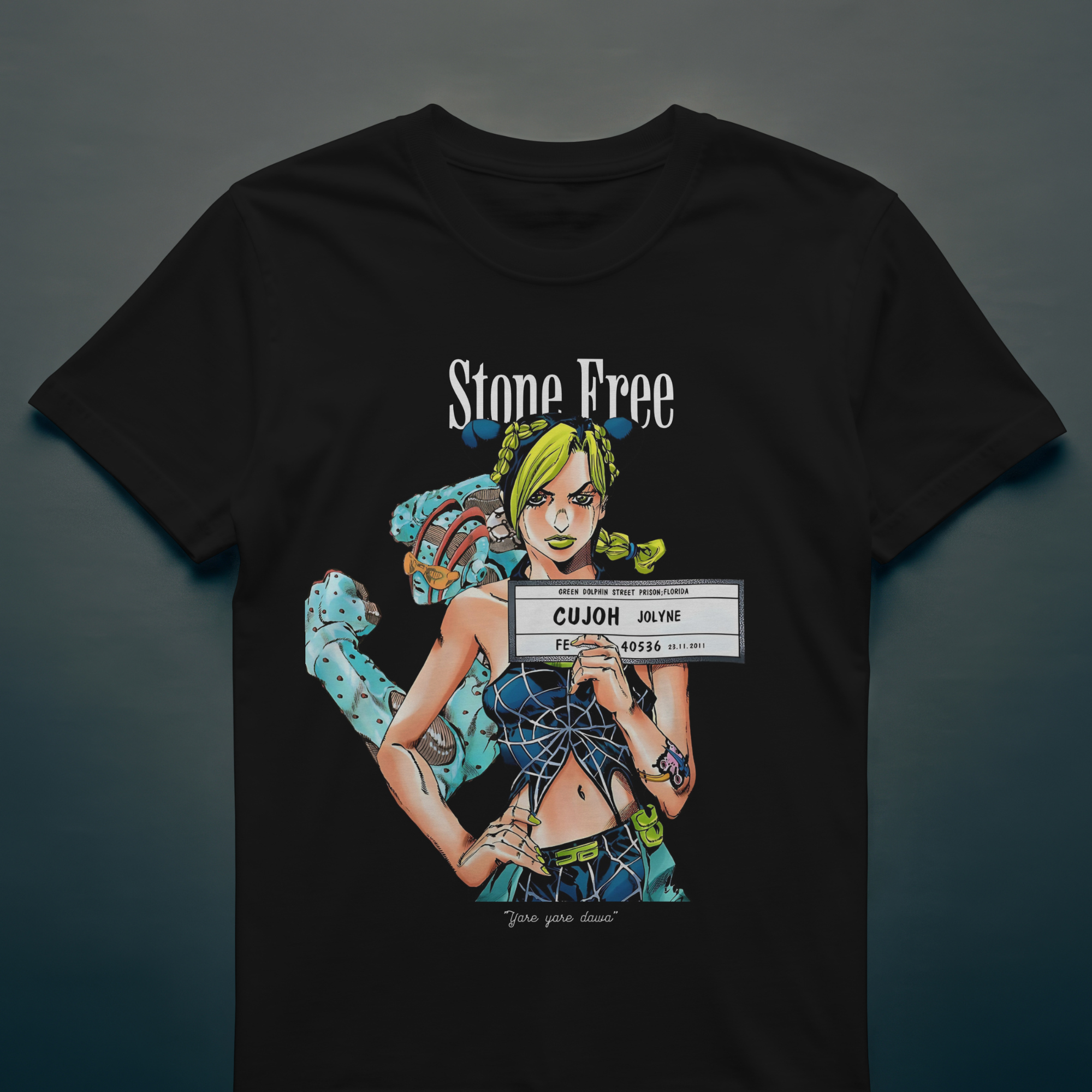 Cool black anime t-shirt with JoJo Stone Ocean’s Jolyne Cujoh design for fans and collectors.