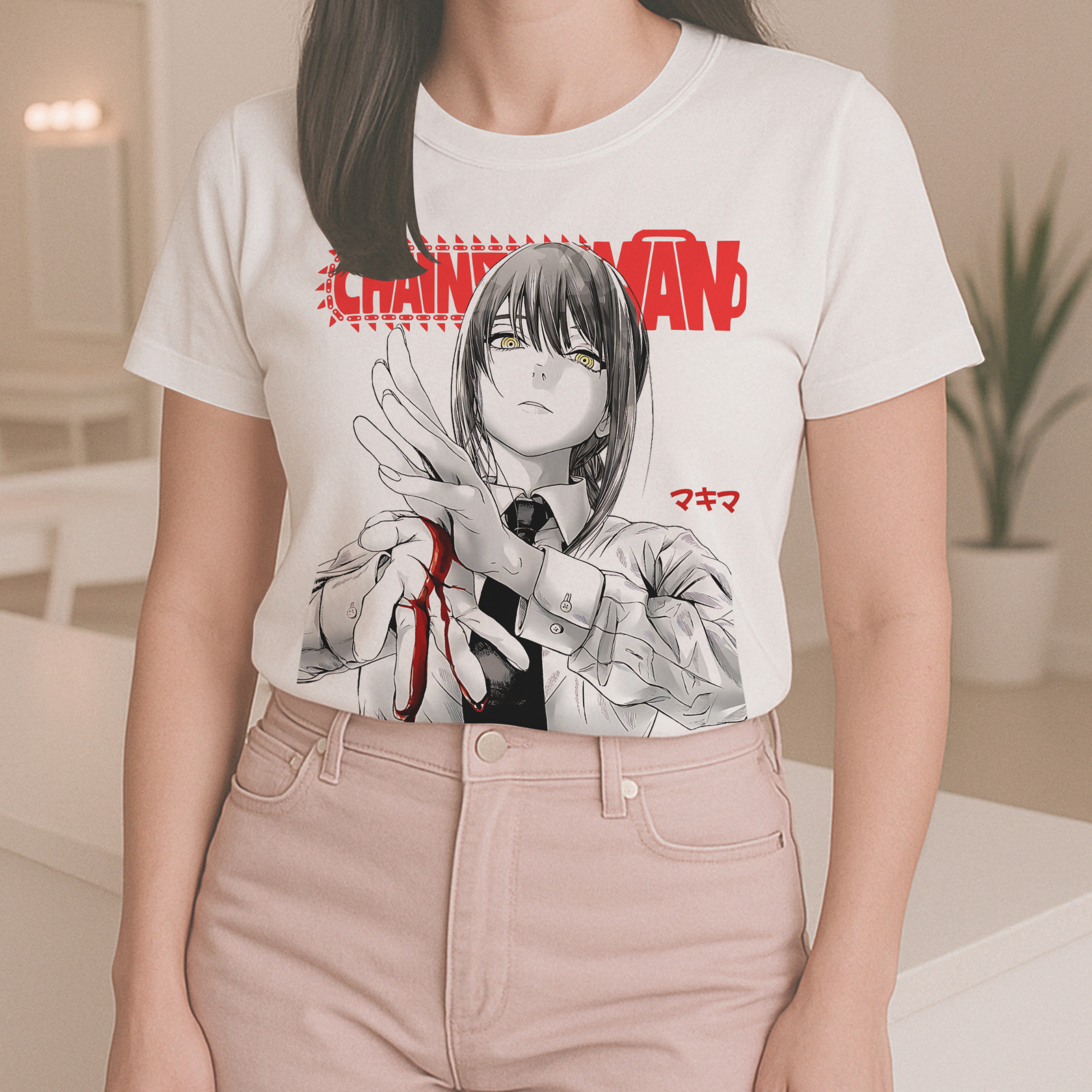 Anime fan streetwear shirt with Chainsaw Man Makima print, great gift for manga collectors.