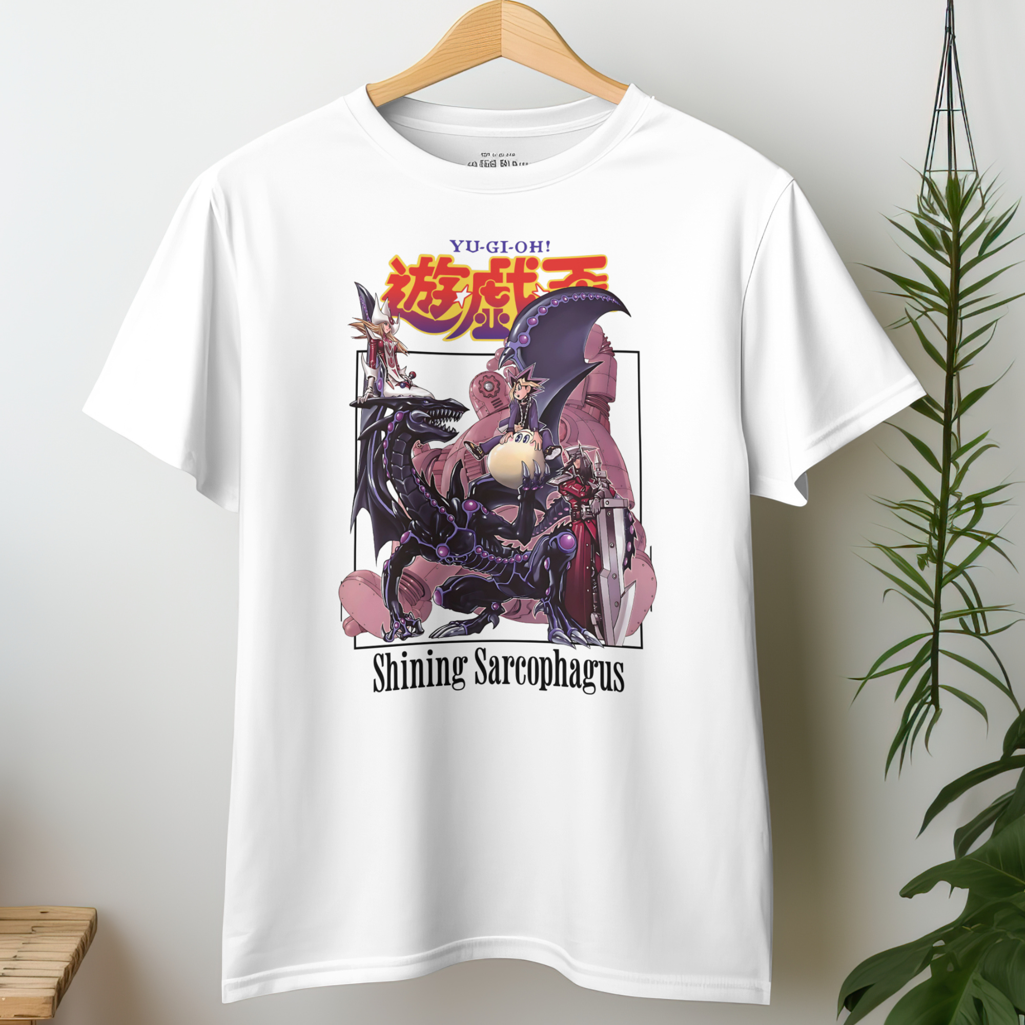 "Yu-Gi-Oh anime t-shirt featuring Dark Magician and dragon artwork in vibrant colors"