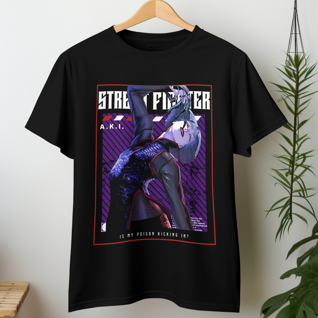 Unisex cotton t-shirt for fighting game fans with A.K.I. dark anime illustration