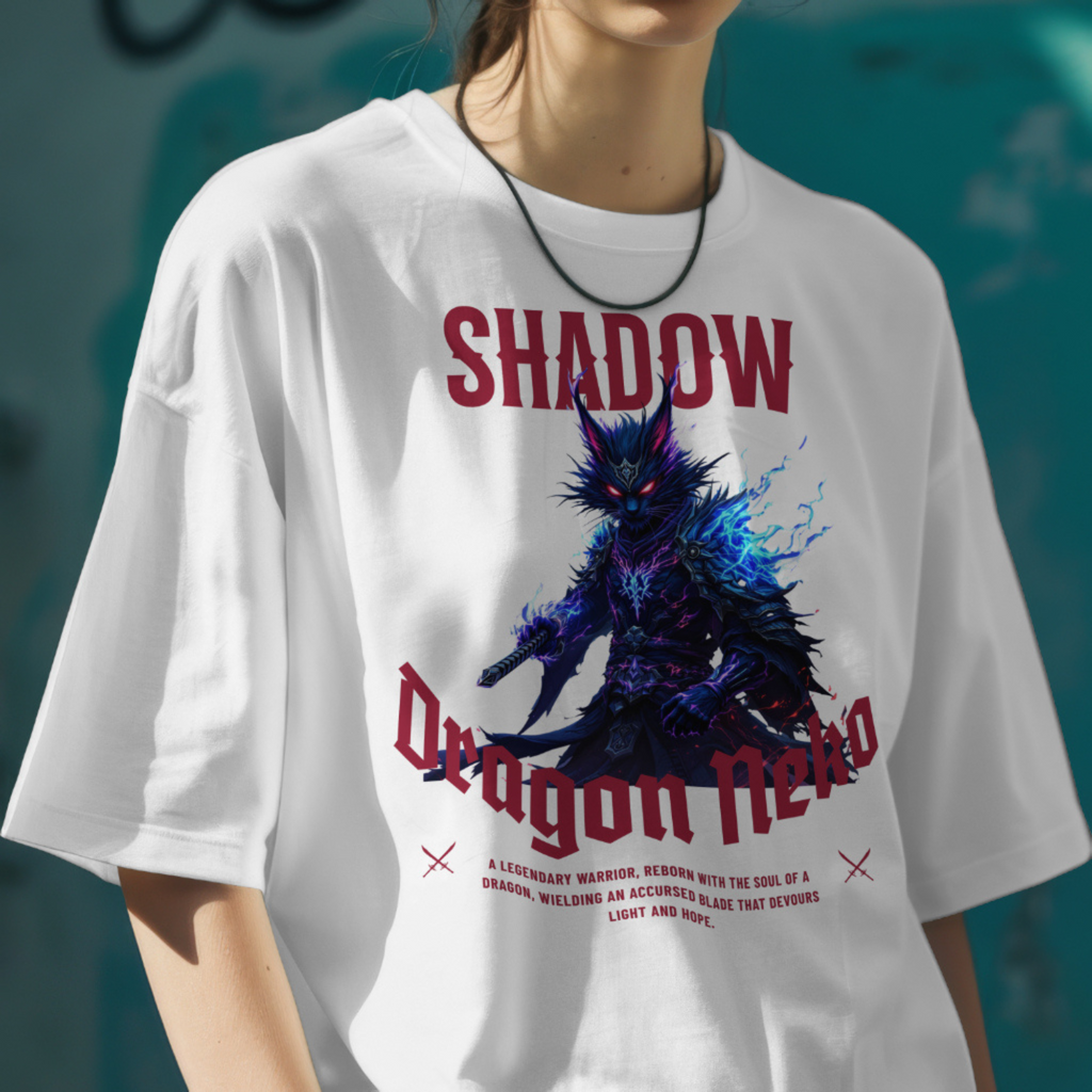 Anime Gamer Apparel featuring a neko-masked warrior with blue fire and an accursed blade.