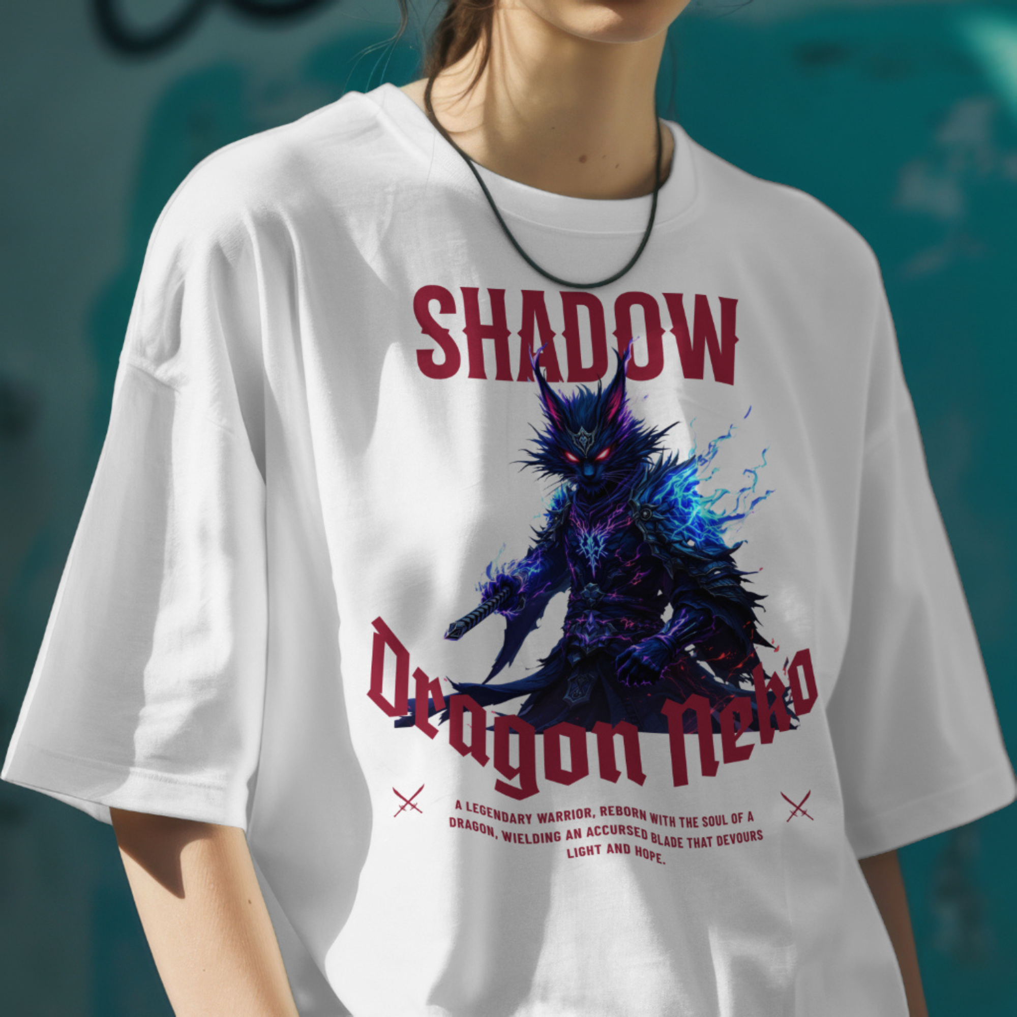 Anime Gamer Apparel featuring a neko-masked warrior with blue fire and an accursed blade.