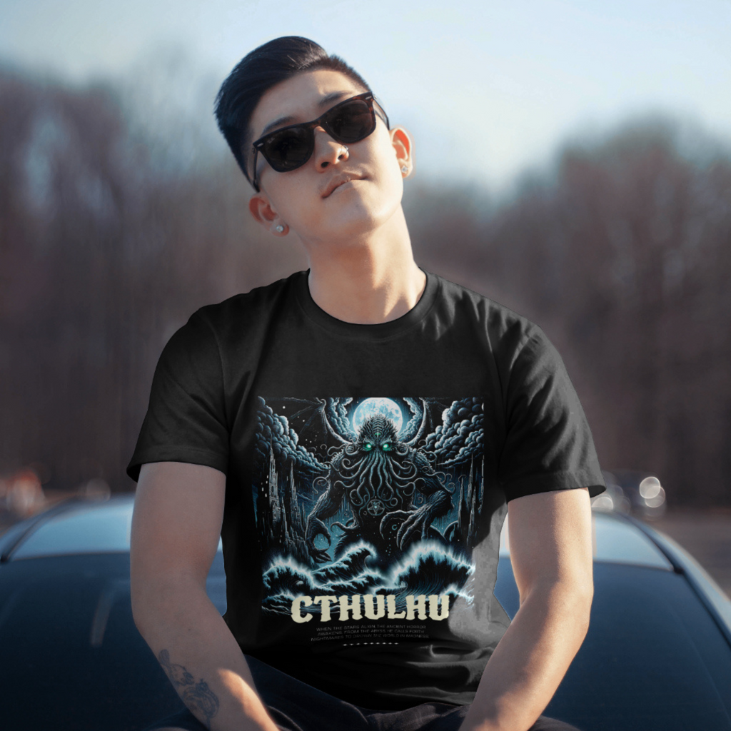 "Lovecraft-inspired cosmic horror shirt featuring detailed eldritch artwork for fans of dark fashion"