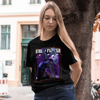 Black unisex t-shirt featuring A.K.I. from Street Fighter 6 with bold purple design