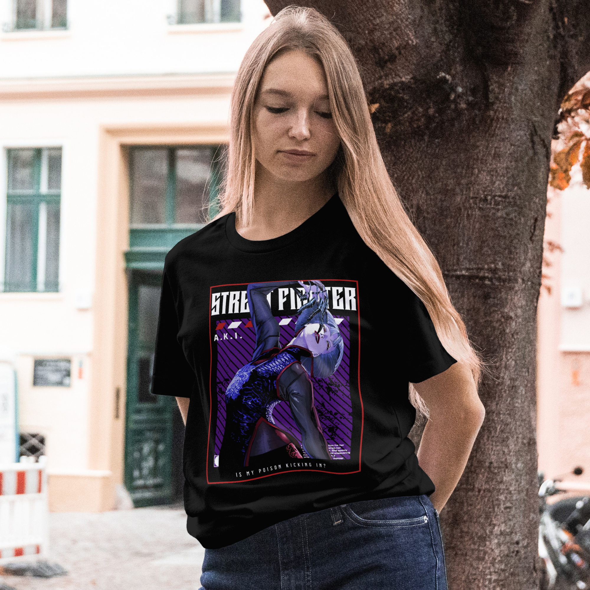 Black unisex t-shirt featuring A.K.I. from Street Fighter 6 with bold purple design