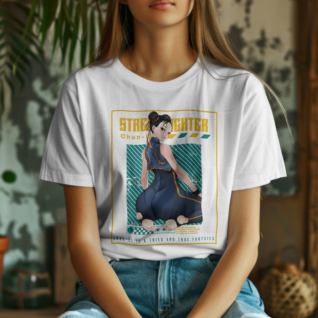 "Anime streetwear t-shirt with Chun-Li design, perfect for cosplay and gamers"
