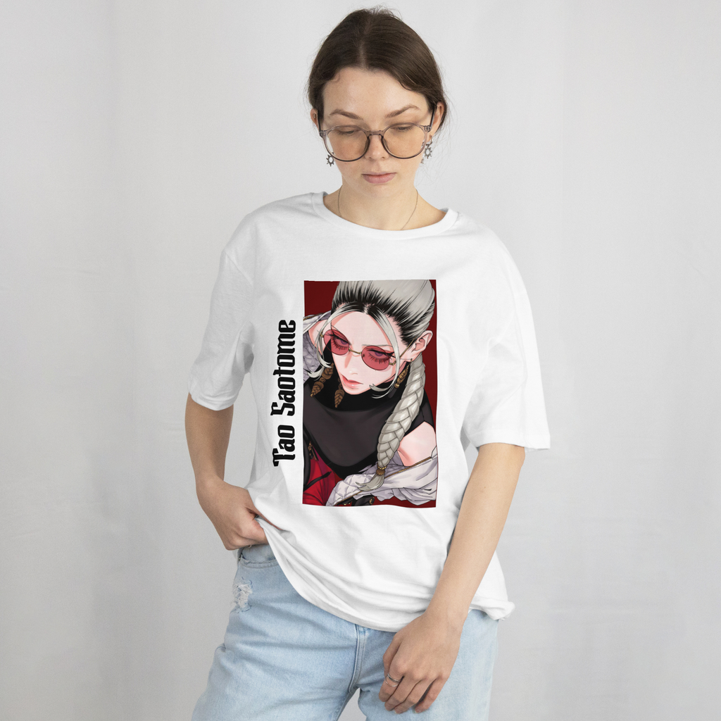 "Anime streetwear shirt showcasing Tao Saotome character design from Gokurakugai series"