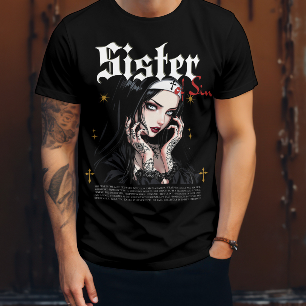 Close view of the nun's hands and face on the Sister of Sin graphic tee, highlighting the chain detail.