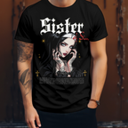 Close view of the nun's hands and face on the Sister of Sin graphic tee, highlighting the chain detail.