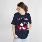 Close-up view of the Silence Liberator logo and Japanese anime girl on a black t-shirt, worn by a beautiful girl.