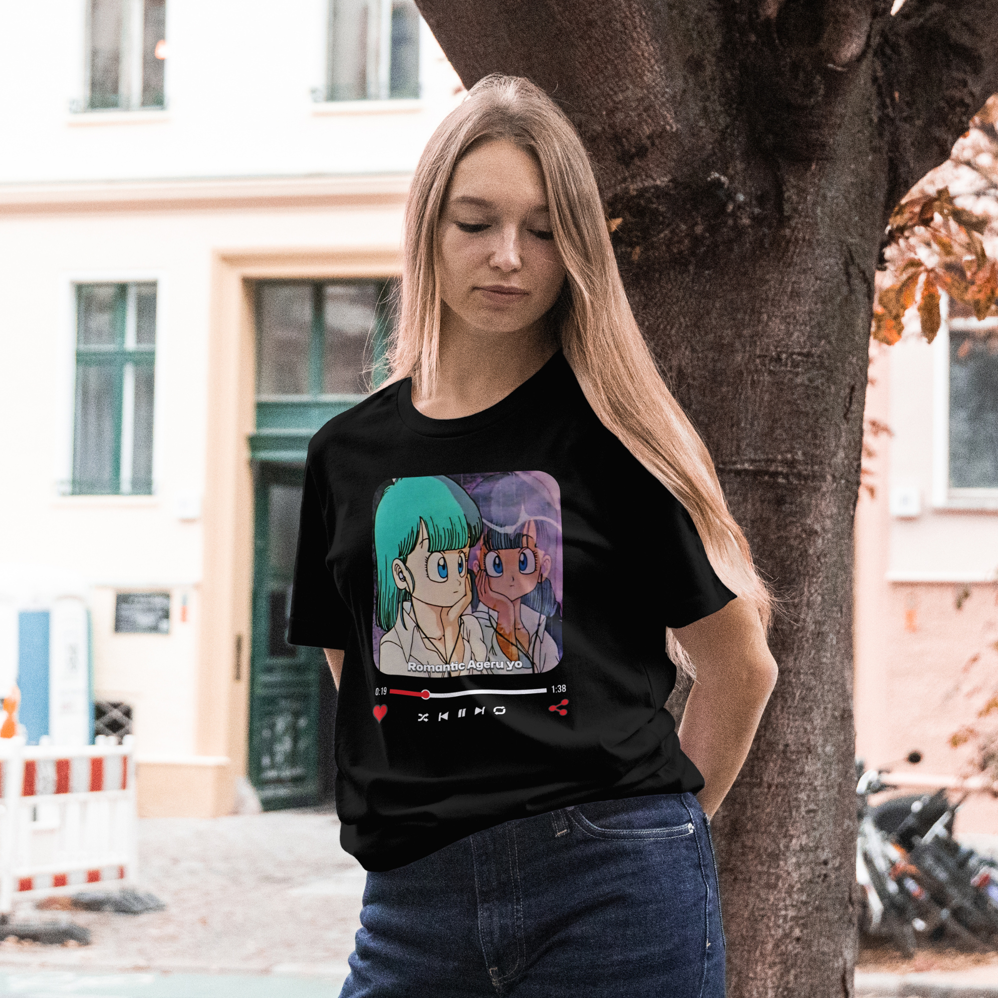Otaku Streetwear graphic tee featuring Bulma in a Lofi/Vaporwave music player interface.