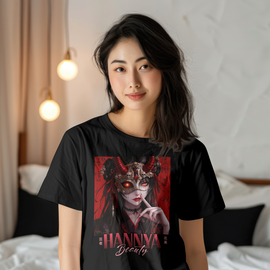 Dark Anime Girl with Hannya mask and red accents streetwear apparel.