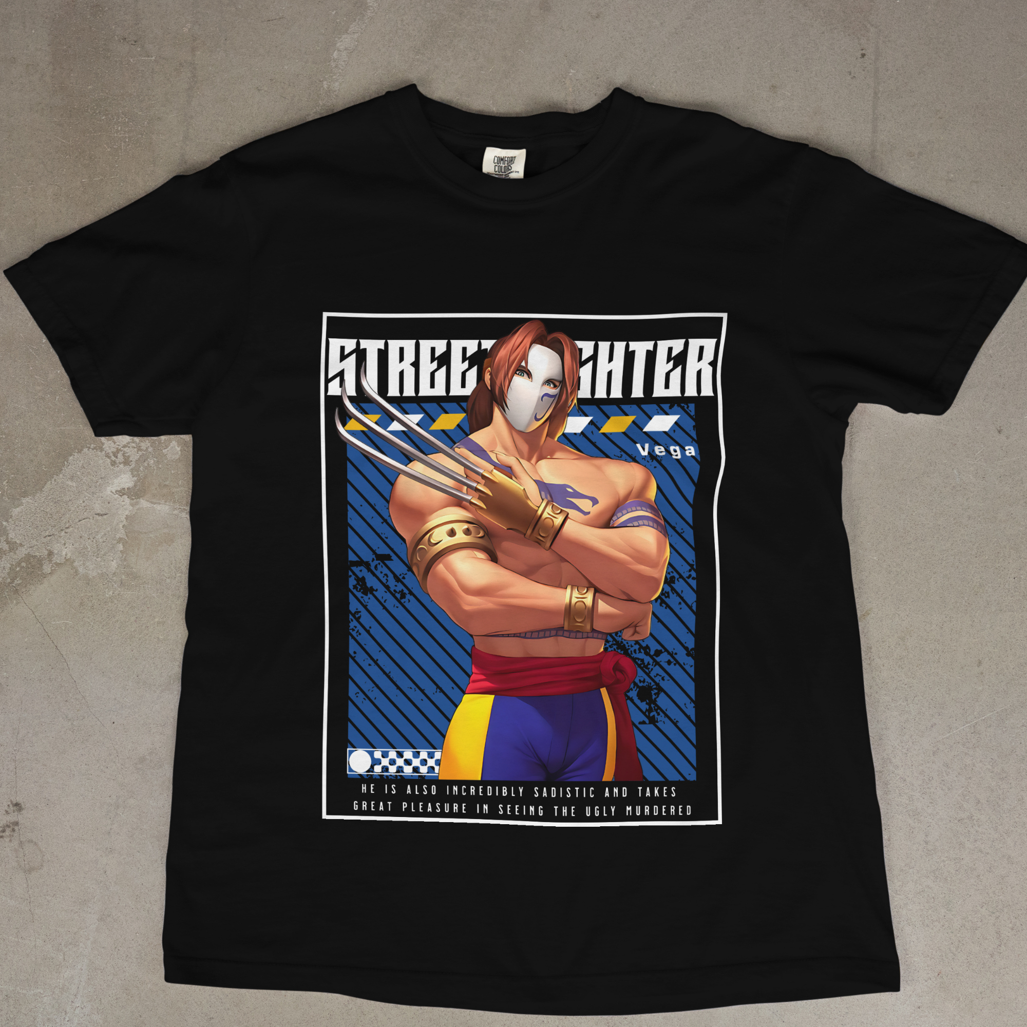 "Unisex anime graphic tee with Street Fighter Vega for gamers and fans"