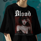 Black Alternative Fashion T-shirt featuring a seductive girl in a lace lingerie top.