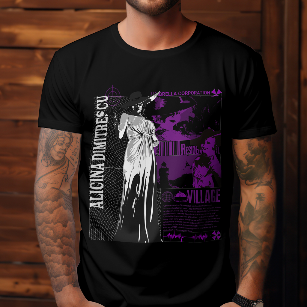Horror video game shirt with Lady Dimitrescu print from Resident Evil Village, unisex streetwear.