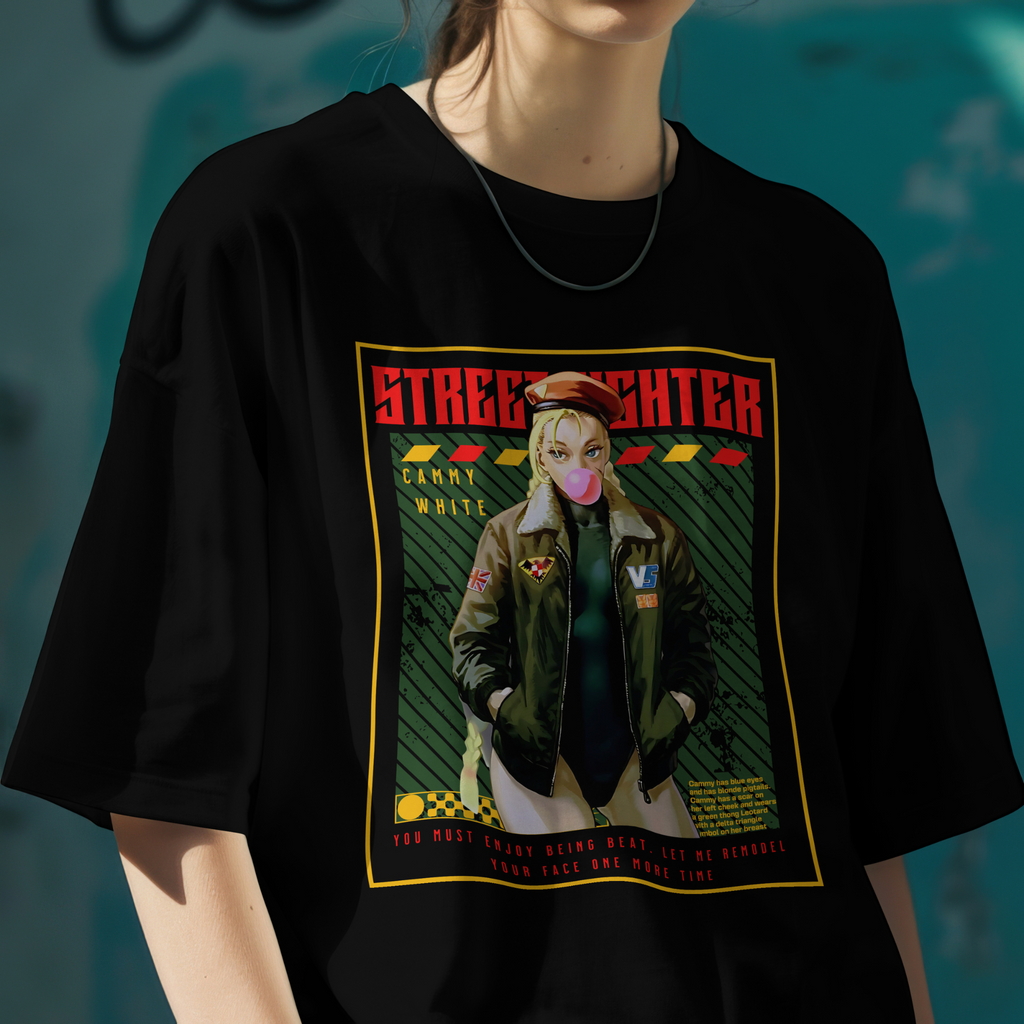 Classic anime graphic T-Shirt of Cammy White from Street Fighter, perfect for gamer streetwear and cosplay style.