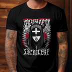 Close view of the nun's face and the red paint splatter effect on the Sacrilege T-shirt.
