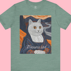 Funny cat graphic tee with Meowna Lisa design, combining art humor and feline fashion for casual wear.