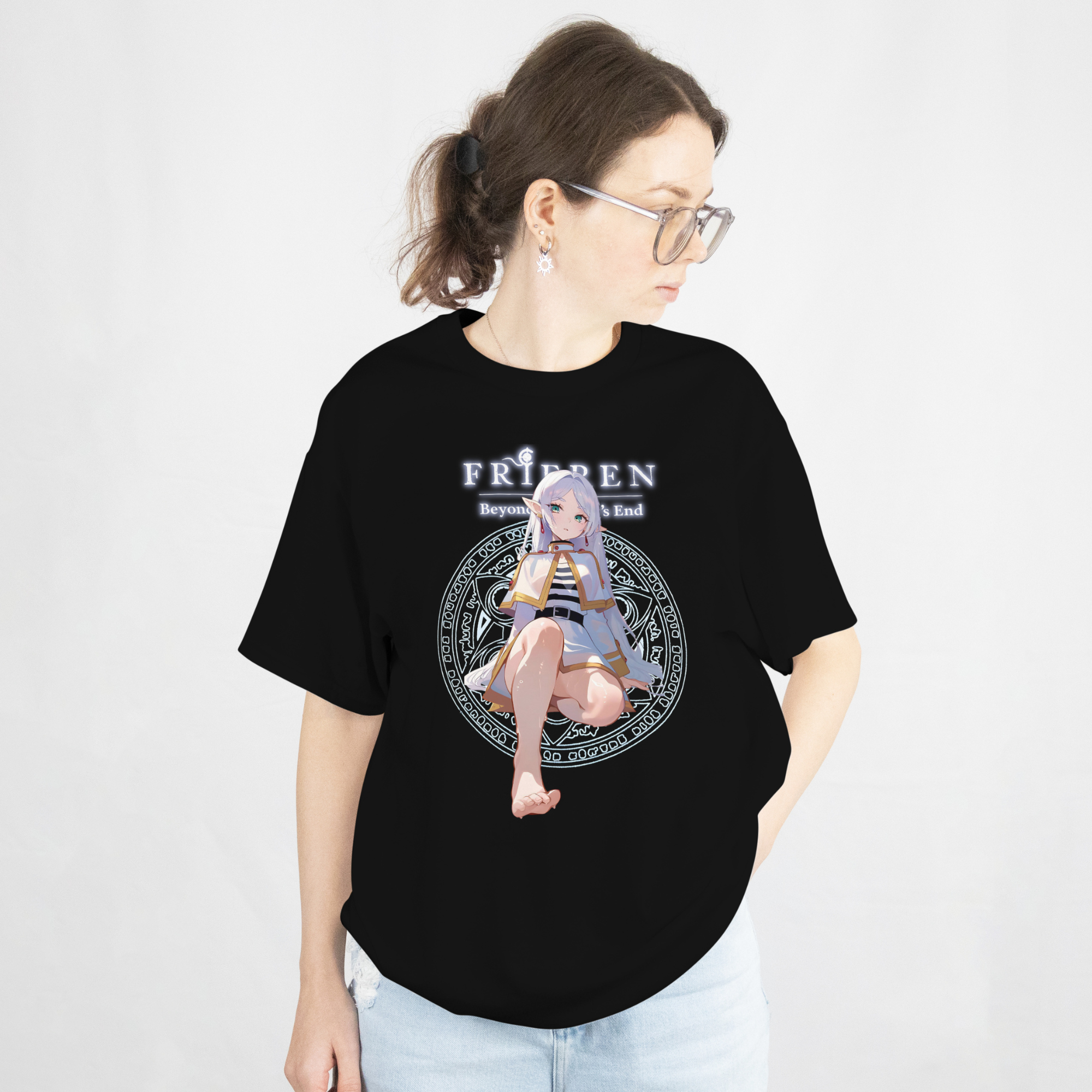 Stylish anime shirt with Frieren character art emphasizing her feet and elegant pose