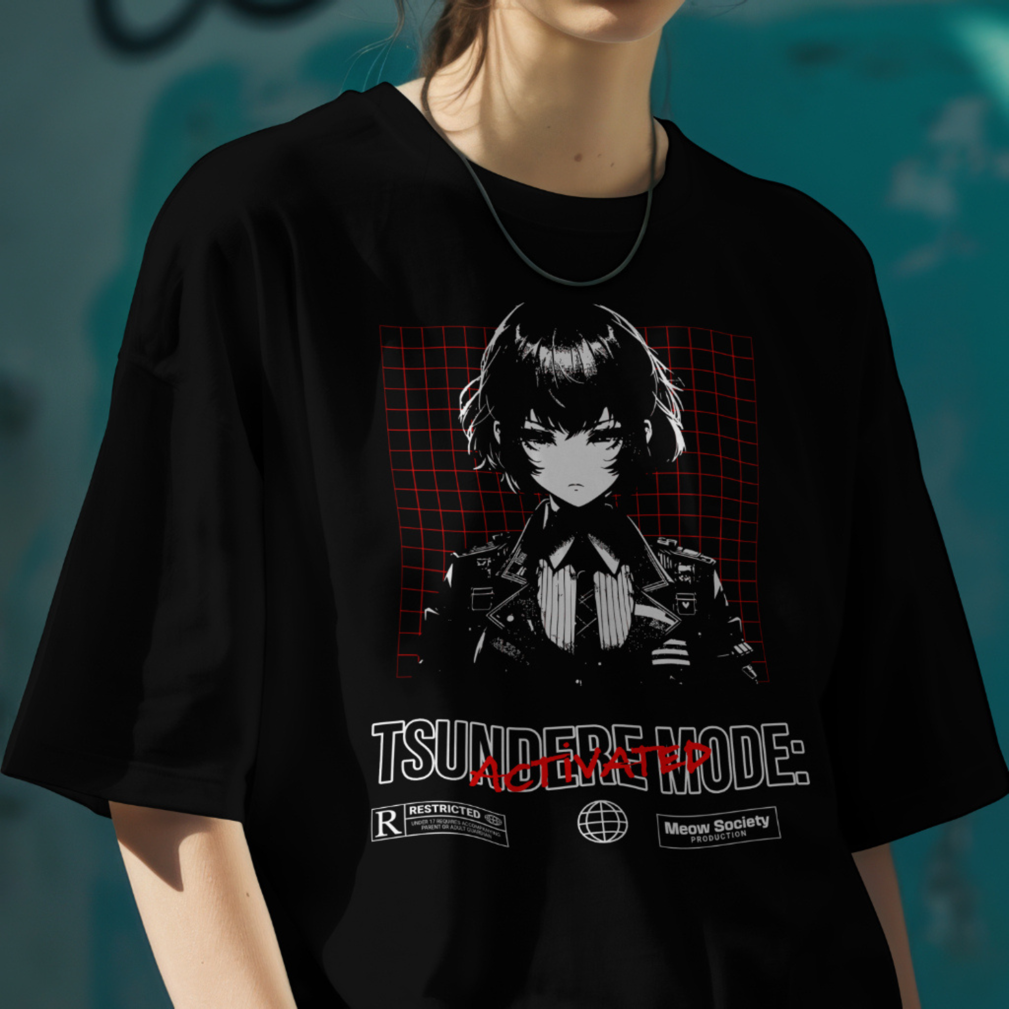 Close view of the defiant anime girl on the Tsundere Mode graphic tee design.