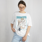 Soul Eater graphic tee in crisp white, showcasing anime heroes Maka and Soul in stylish line art.
