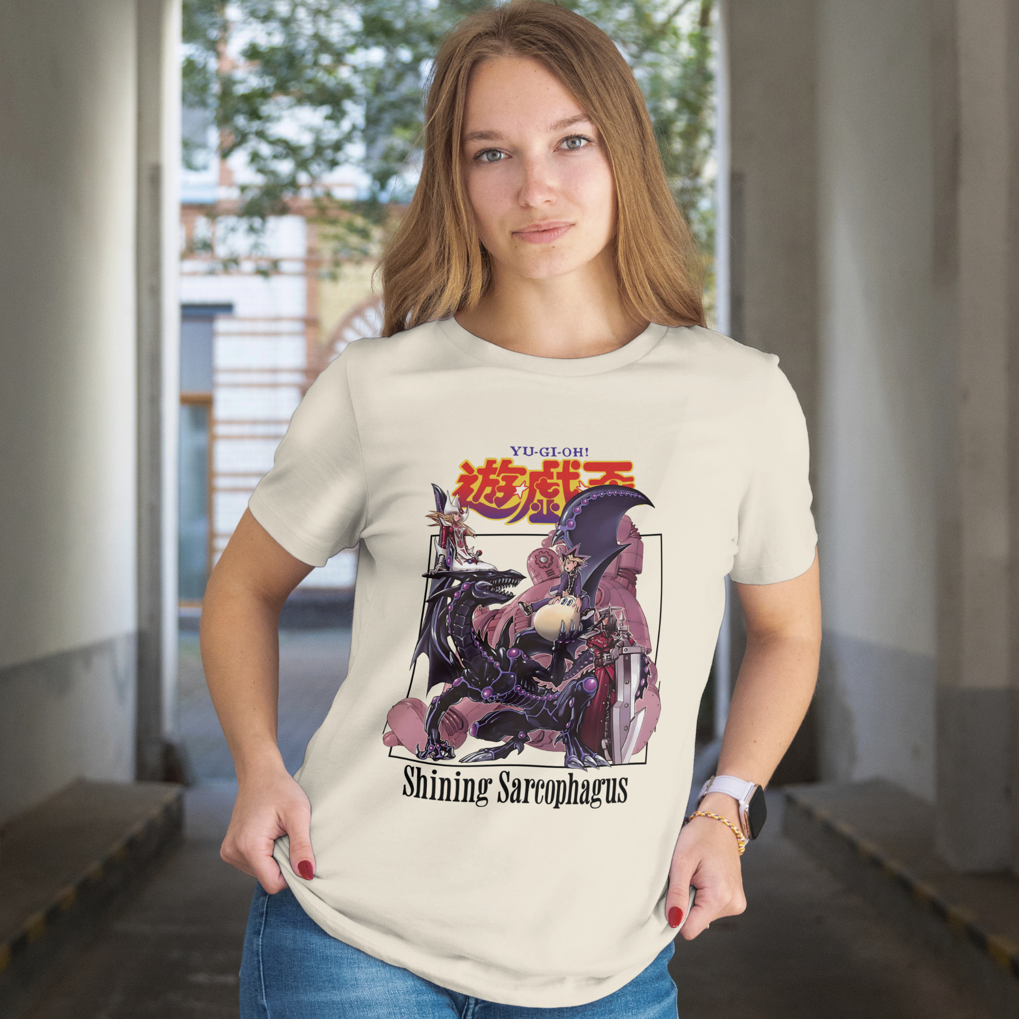 "Classic Yu-Gi-Oh manga graphic t-shirt with bold Japanese lettering"