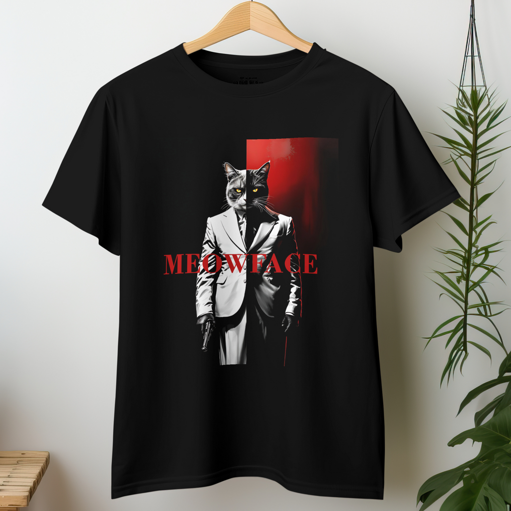 "Black graphic t-shirt featuring mafia cat parody design in white suit with red backdrop – Comfort Colors 1717 streetwear tee."