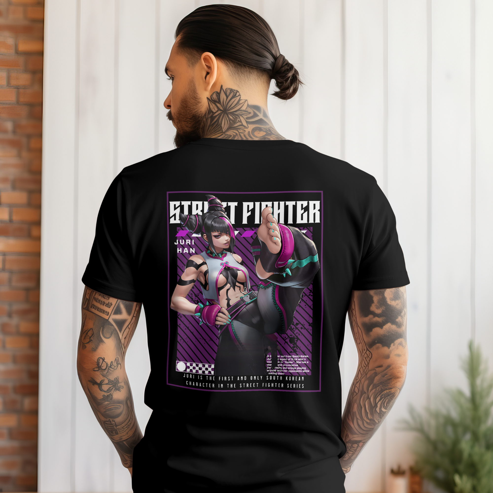 Anime-inspired Juri Street Fighter tee in black cotton, stylish gift for gamers.