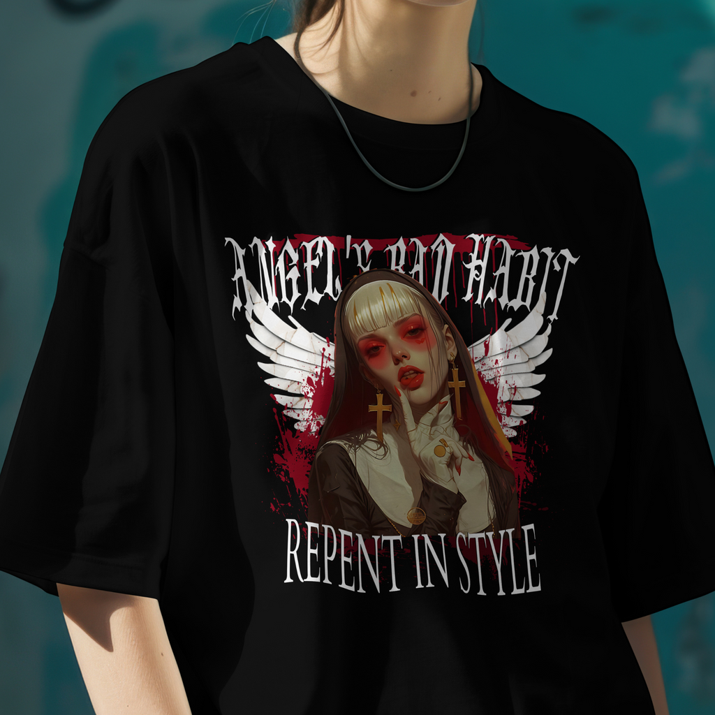 High-quality print on a black tee featuring a vampire nun with red makeup in a metal band style font.