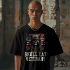 "Unique Skull Cat Veterans graphic t-shirt featuring a skeleton cat in military helmet and U.S. flag – bold alternative streetwear style."