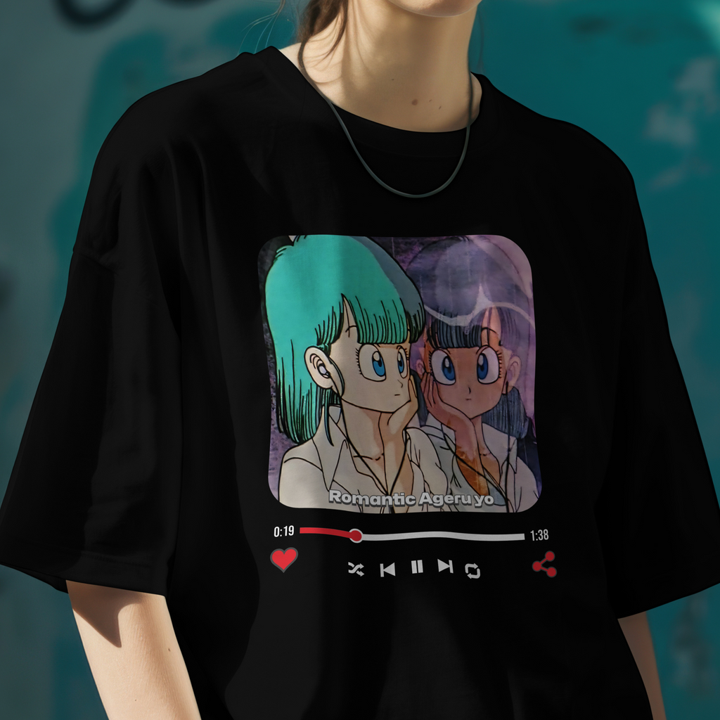 High-quality print on a black tee featuring Bulma with teal hair in a retro 80s 90s style graphic.