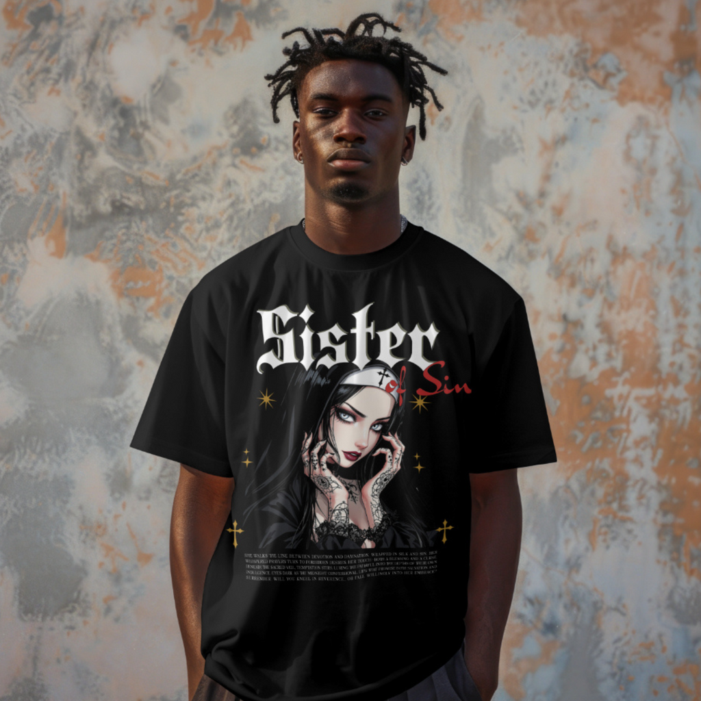 Dark Aesthetic streetwear featuring a nun with intricate hand tattoos and a chain wristlet.