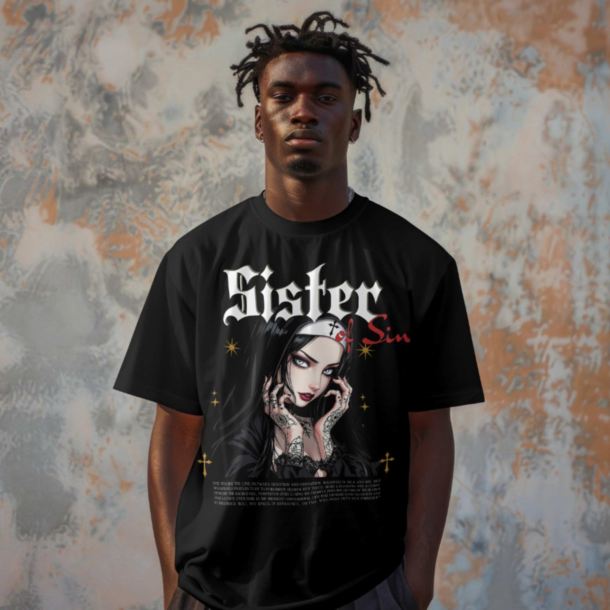 Dark Aesthetic streetwear featuring a nun with intricate hand tattoos and a chain wristlet.