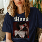 Close-up of Vampire Anime Graphic Tee design showing red glowing eyes and red lipstick.