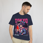 "Japanese streetwear t-shirt with anime girl art and cyberpunk Tokyo city vibe"