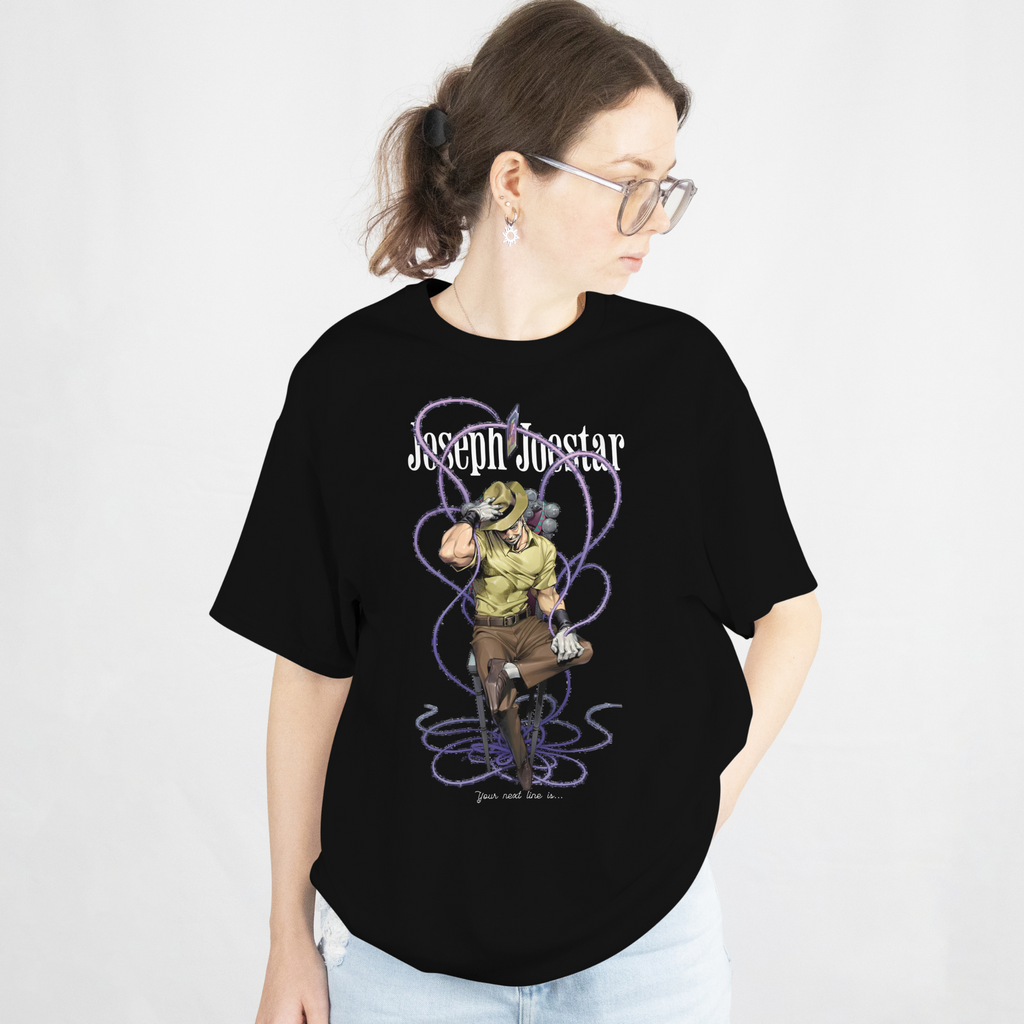 Unique JoJo anime t-shirt with Joseph Joestar in action, perfect for manga collectors.
