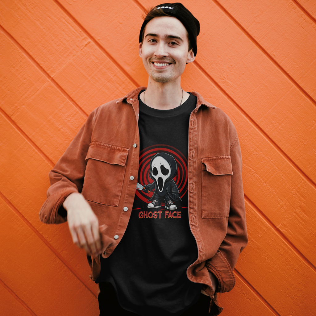Unisex Ghost Face parody graphic tee in black, combining scary movie vibes with playful cartoon art.