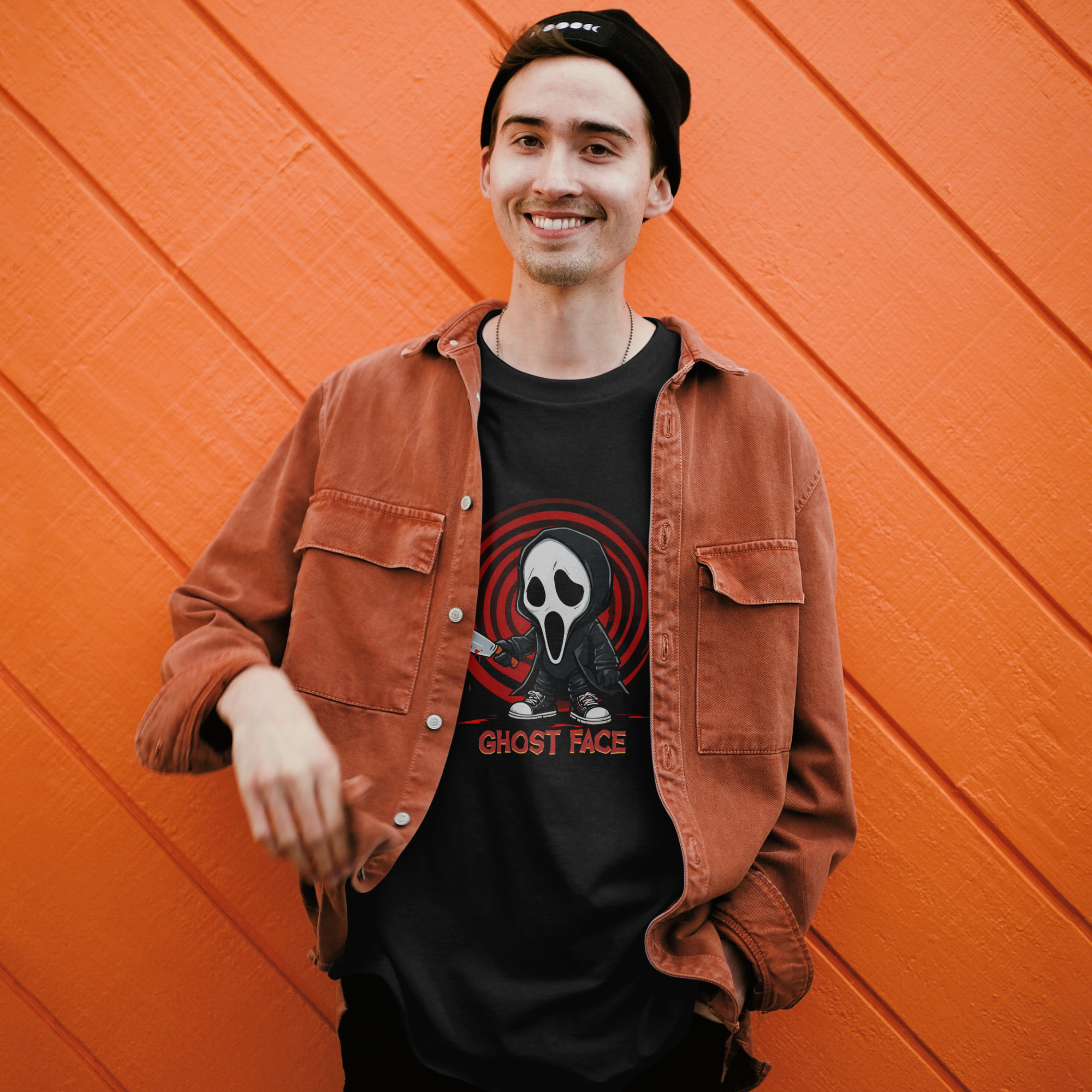 Unisex Ghost Face parody graphic tee in black, combining scary movie vibes with playful cartoon art.