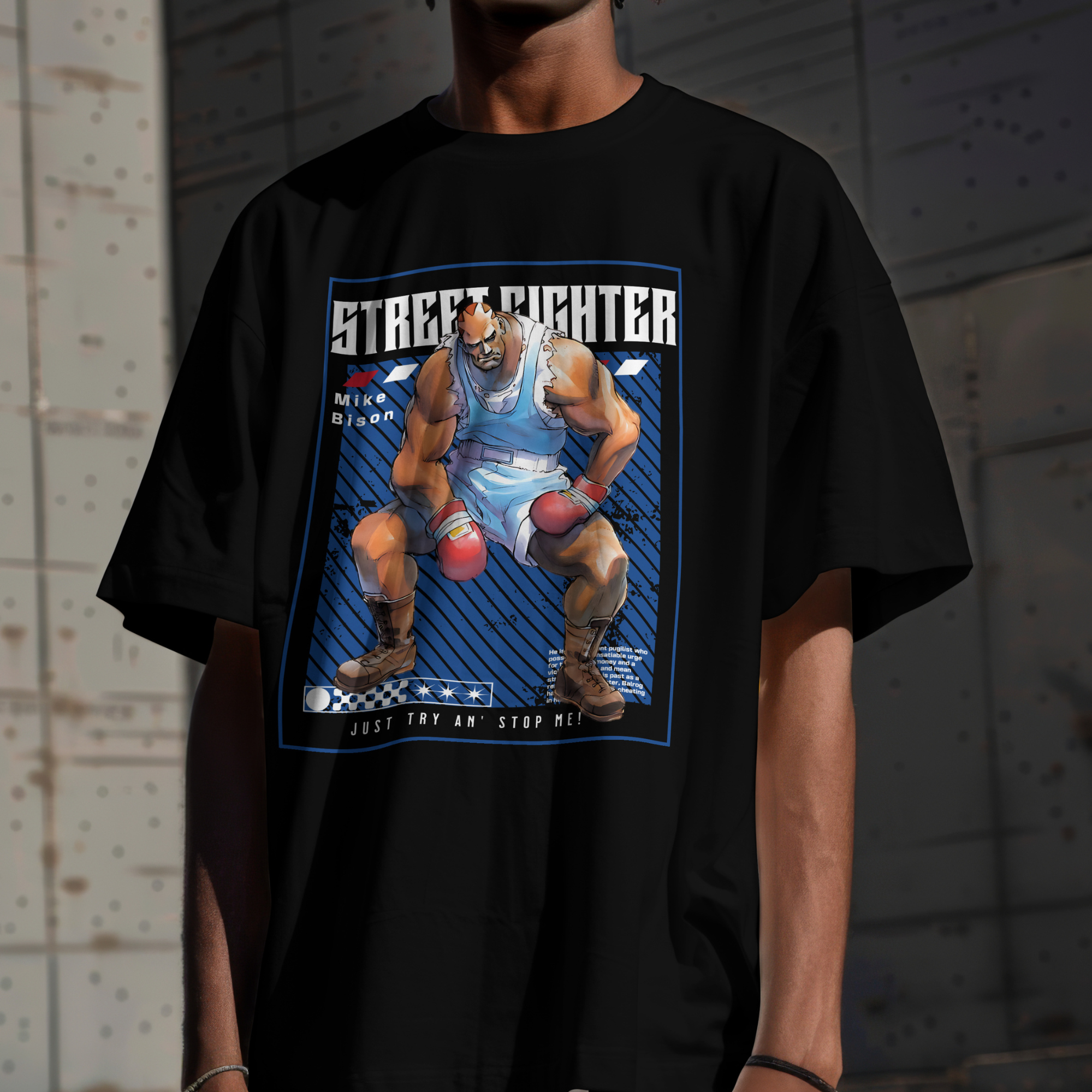 Anime graphic tee inspired by Street Fighter Mike Bison, ideal for cosplay casual and gaming nights
