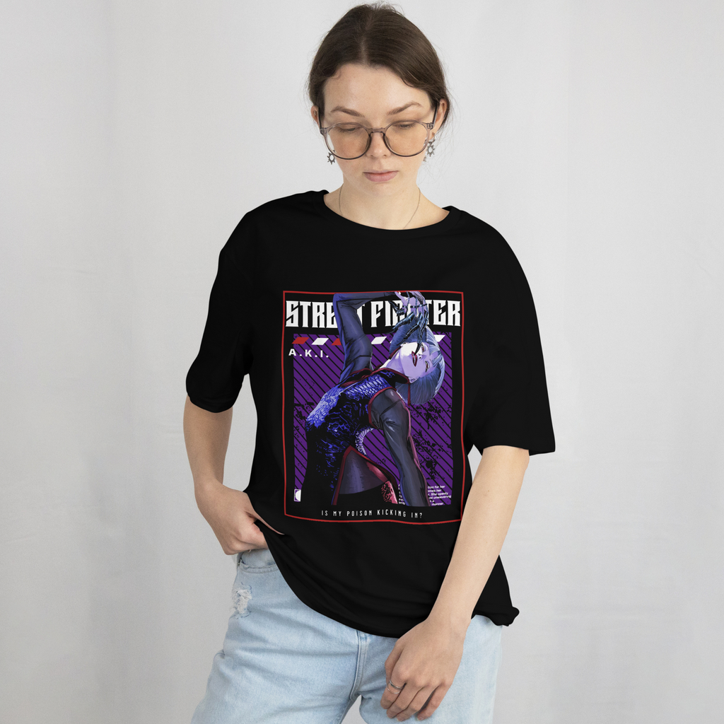Street Fighter merchandise t-shirt showcasing villain A.K.I. with poisonous aura