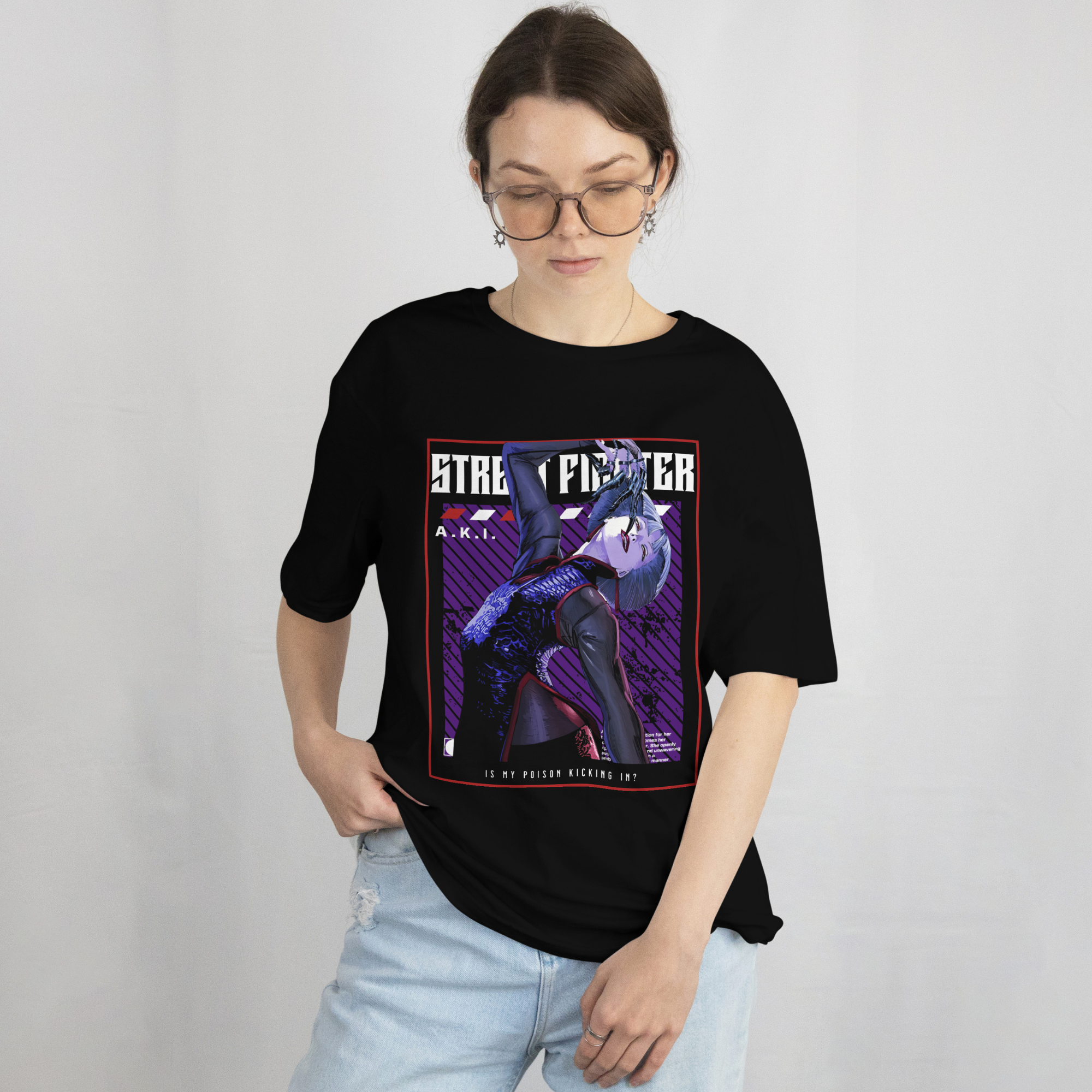 Street Fighter merchandise t-shirt showcasing villain A.K.I. with poisonous aura