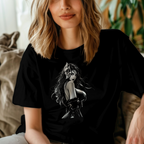 Gothic anime girl wearing an Oni mask graphic tee by Ironchain19, ideal for fans of alternative Japanese fashion and dark streetwear.