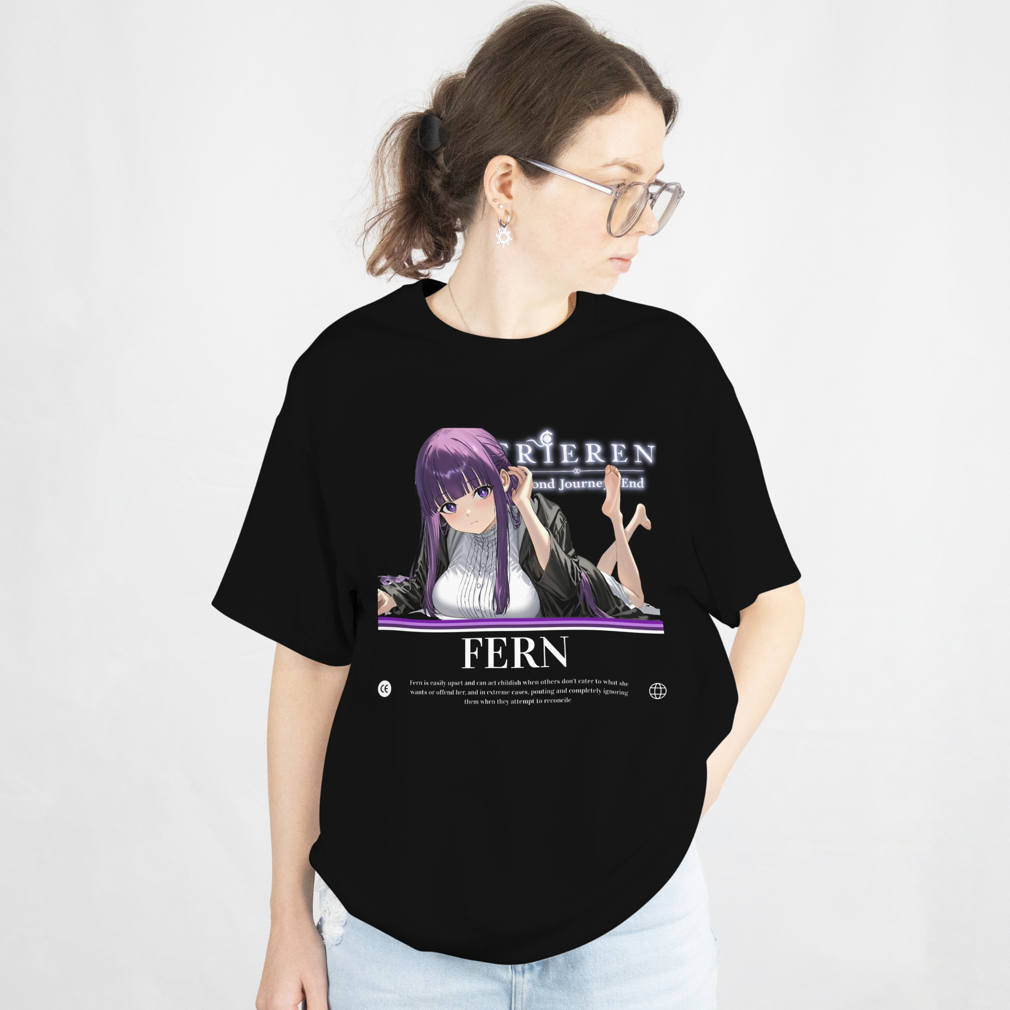 Manga-inspired design of Fern from Beyond Journey’s End, showing her resting pose with barefoot detail and sharp eyes, on a comfy black shirt.