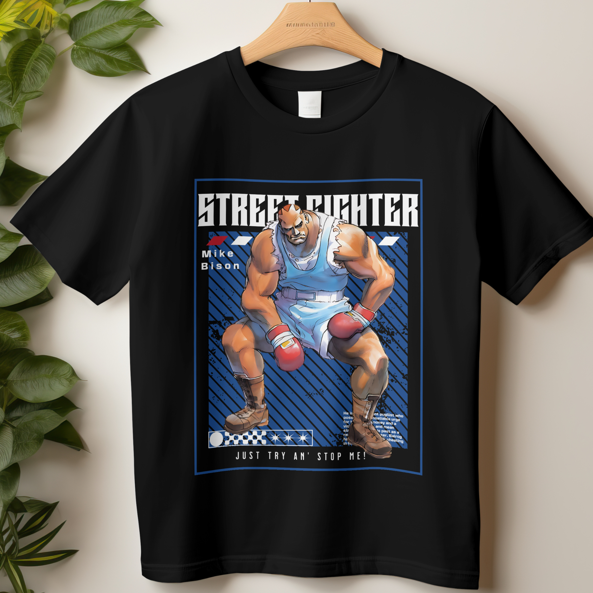 Black graphic tee featuring Mike Bison from Street Fighter, perfect gaming fashion streetwear