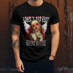 Gothic T-shirt with Angel's Bad Habit title and stylized white angel wings graphic.