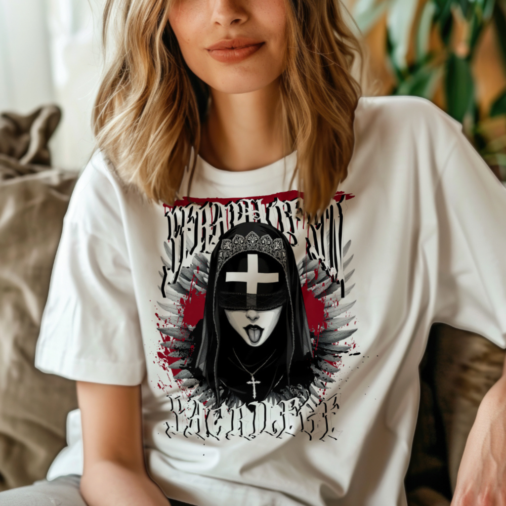 Close-up of Goth Core shirt showing the nun's veiled head and a cross necklace.